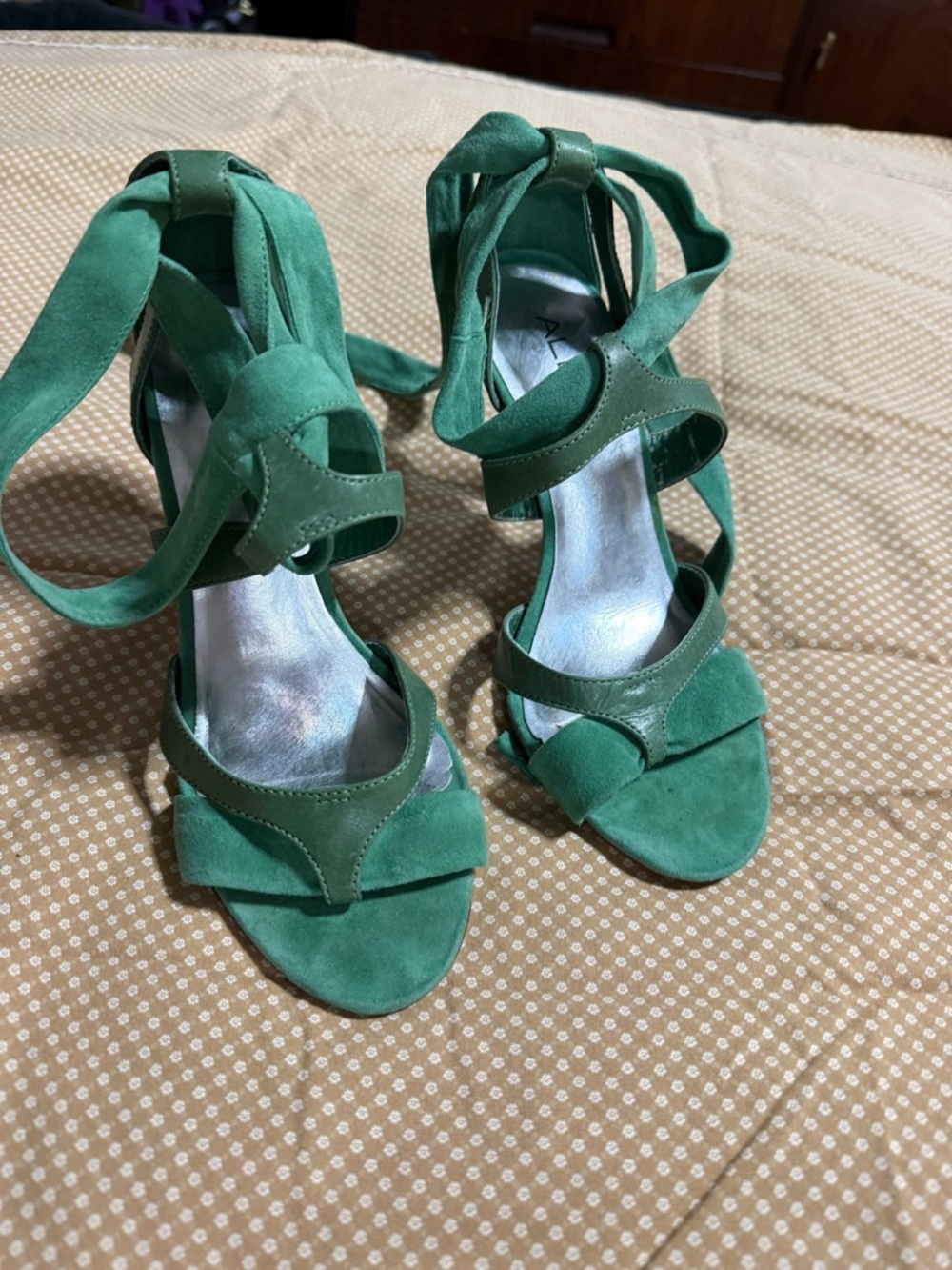 Aldo Emerald Green Suede Strappy Heels with Ankle Wrap